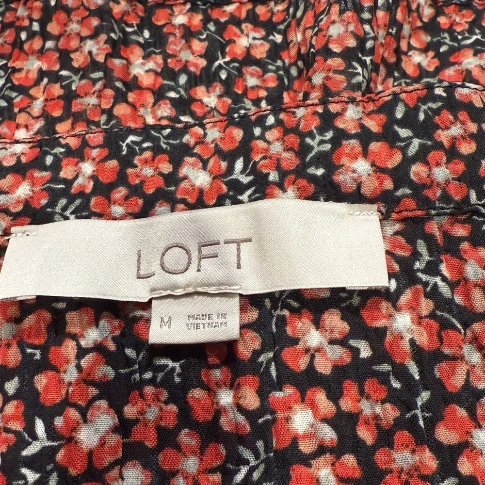 LOFT Black and Red Puff Sleeve Blouse